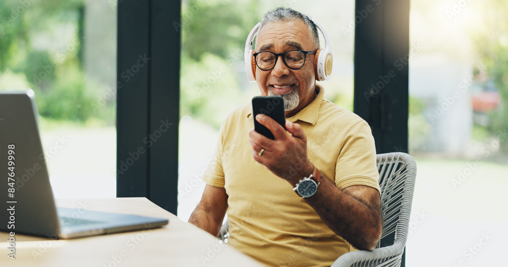 Sticker Senior man, headphones and streaming music on phone, playlist and subscription at home for audio. Elderly person, laptop and reading news on mobile app, podcast and hip hop song for weekend fun