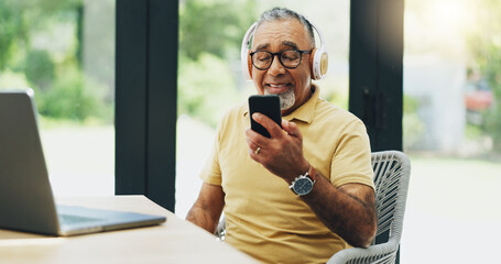 Senior man, headphones and streaming music on phone, playlist and subscription at home for audio....