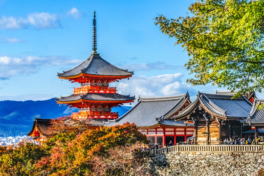Colorful Red Sanjunoto Pagoda Kiyomizu Buddhist Temple Kyoto Jap