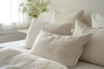 Pillows on a bed with a vase of flowers