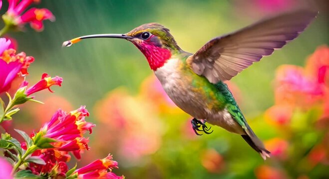 Macro Colorful humming bird are flying flying near flowers and pecking at water droplets falling from beautiful hibiscus flower pollen.