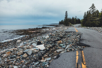 Road damage washout  from severe storm, Bar Harbor, Maine