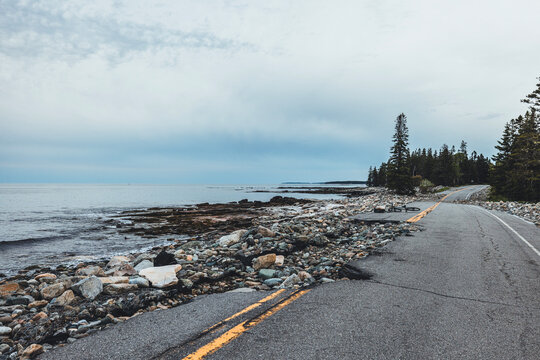 Road damage from coastal storm, Acadia National Park, Maine