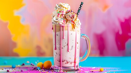 Extreme milkshake or freak shake isolated on colorful background