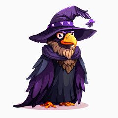 Naklejka premium Cute Eagle wizard cartoon character wearing magic robe and magic hat. Chibi Eagle magician