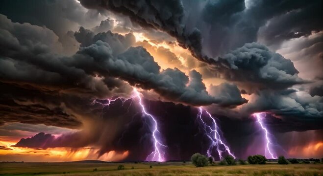Tornado and Huge black clouds, terrifying rainstorm with lightning streaks running inside.