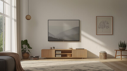  A minimalist living room design showcasing a pristine white wall-mounted TV cabinet, its glass top elegantly housing a flat-screen TV that blends seamlessly into the clean backdrop. 