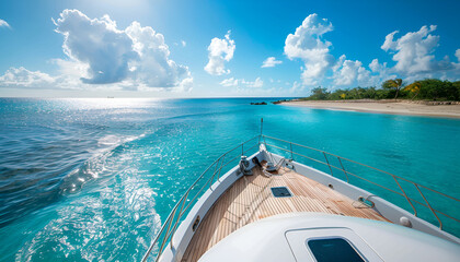 Fototapeta premium view from the front of the deck of a docked yacht off the beaches, sunny daytime sky, calm blue water