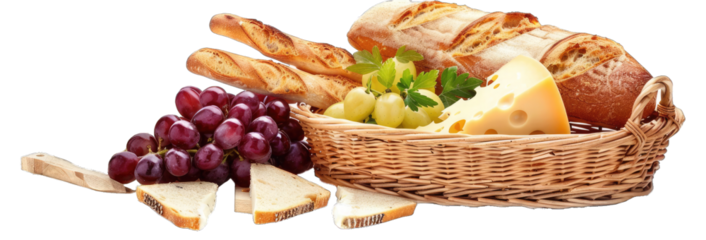 Basket Filled With Baguette, Cheese, and Grapes. Isolated on a Transparent Background. Cutout PNG.