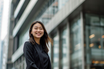 Fototapeta premium Smiling Asian Office Lady in Office Building Background