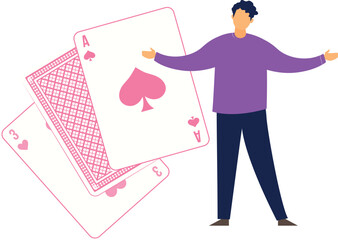 A boy is showing the spade cards.