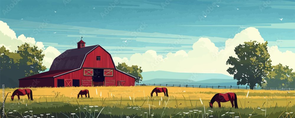 Wall mural a serene countryside barn with horses grazing in the pasture. vector flat minimalistic isolated illu