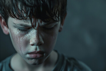 Sad little boy in tears, his face lit by a dim, atmospheric light that highlights the profound sadness in his eyes. Emotional depth and vulnerability of childhood. Mental health.