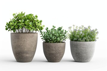 Fototapeta premium Minimalist concrete planters with lush herbs on white background. These stylish pots are ideal for modern home decor and gardening inspiration. Perfect for indoor plants. Generative AI
