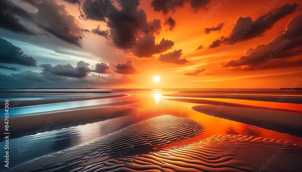 Wall mural A serene Low Tide sunset with the sky displaying a trio of Atomic Tangerine, Sunset, and Cadet Gray