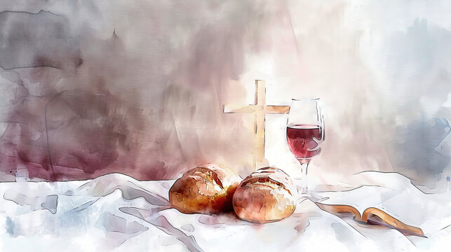 A watercolor painting depicting a simple table setting with bread, wine, and a wooden cross, suggesting a holy communion or prayer