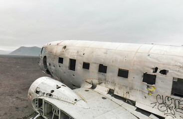 Aerial view of United States Navy DC plane wreck on the black beach at Solheimasandur