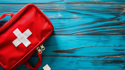 A first aid kit is shown on a blue wooden table. The photo shows a close-up of the kit.