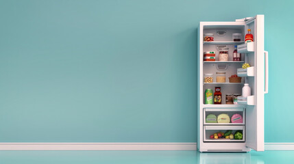 A white refrigerator with an open door reveals a storehouse of food in an industrial refrigerated room