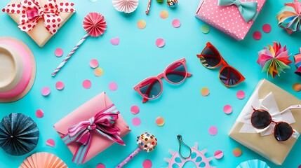 Fototapeta premium Flatlay composition with accessories for a party or birthday on a colored background