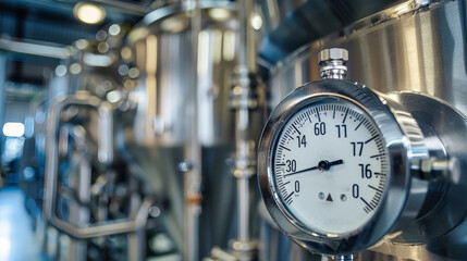 Obraz premium A close-up image of a temperature sensor mounted on a stainless steel tank in a brewery. The sensor is displaying a reading of 16 degrees Celsius