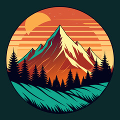 mountain and forest illustration with retro style for t-shirt design