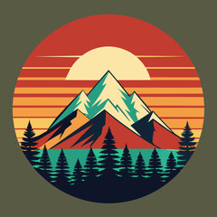 mountain and forest illustration with retro style for t-shirt design