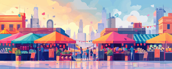 Vibrant street market with stalls and umbrellas. Vector flat minimalistic isolated illustration.