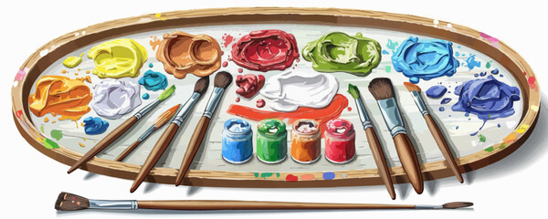 Naklejka premium Artist's palette with colorful paints and paintbrushes on a clean white background. Vector flat isolated illustration.