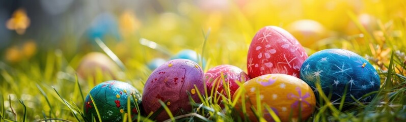 Brightly colored easter eggs in the grass