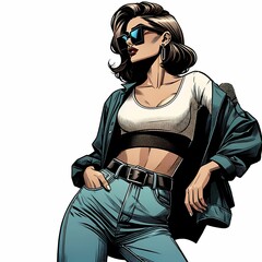 アメリカンコミックスタイルの強い線と鮮やかな色使いで描かれた,カジュアルなファッションを身にまとった女性を描いています。女性は黒いサングラスをかけ,白のクロップトップとデニムパンツ,そしてオーバーサイズのジャケットを着用しています。背景は白で,シンプルに仕上げられており,女性のスタイルが際立っています。全体的なテイストはモダンでクールな印象を与えます。