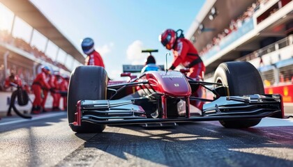 Obraz premium High speed formula one pit stop red jumpsuit crew demonstrates teamwork in racing competition