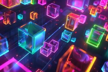 Obraz premium Colorful glowing cubes arranged in an abstract pattern on a dark background