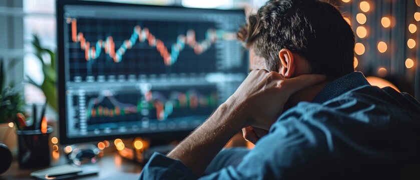 A man sits at a desk, analyzing a stock market chart on a computer screen.