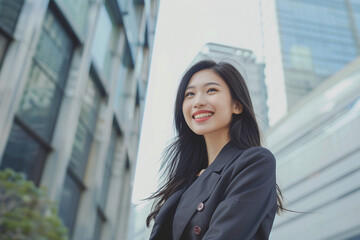 Fototapeta premium Smiling Asian Office Lady in Office Building Background