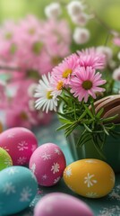 Brightly colored easter eggs and flowers
