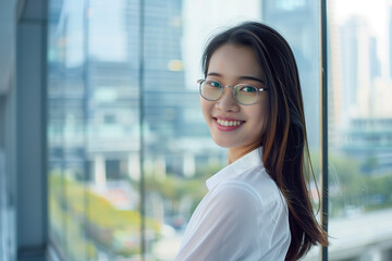 Smiling Asian Office Lady in Office Building Background