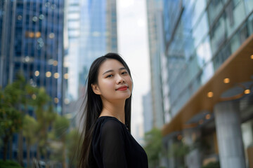 Smiling Asian Office Lady in Office Building Background