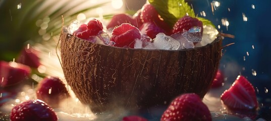 Exotic fruit cocktail presented in a coconut shell with ice for a tropical refreshment
