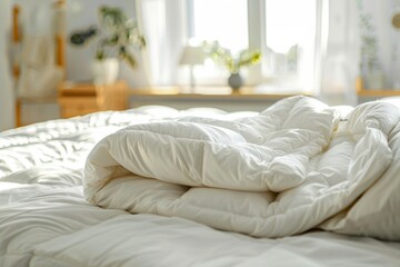 The white down woolen blanket was folded neatly on the bed in the bedroom, soft pillow and blanket on top of clean, crisp sheets. The bright room illuminated with natural light