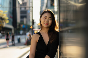 Fototapeta premium Smiling Asian Office Lady in Office Building Background