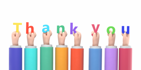 Transparent Backgrounds Mock-up.Thank you. A group of people hold big letters. Word in hand. Colored letters. Landing pageof gratitude. 3d illustration flat design.Supports PNG files