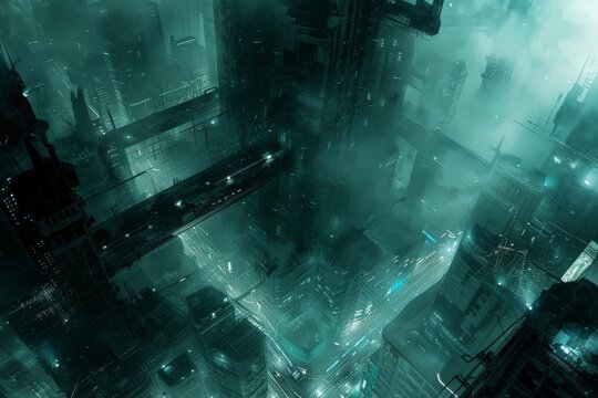 Futuristic cityscape with towering skyscrapers and neon lights shrouded in mist, representing a cyberpunk dystopian urban environment.