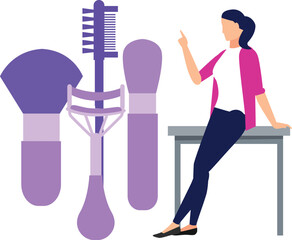 Girl pointing to different beauty brushes.