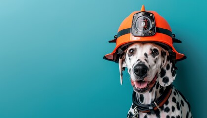Dalmatian dog in firefighter helmet poster with spacious area for personalized text or messages
