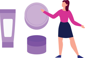 Girl pointing to skin care cream.