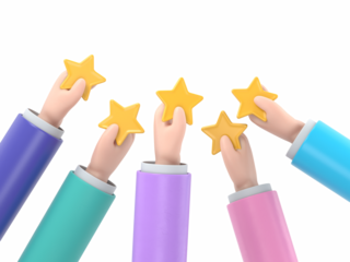 3D illustration of Hand giving five star rating. Customers choose a satisfaction rating and leave positive feedback. Concept of customer service and user experience.Supports PNG files