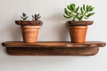 Fototapeta premium Two floating shelves made of solid walnut wood, each holding one potted plant against white wall background.