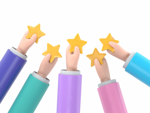 3D illustration of Hand giving five star rating. Customers choose a satisfaction rating and leave positive feedback. Concept of customer service and user experience.Supports PNG files