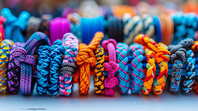 Colorful paracord bracelets displayed on a white surface for presentation slides.